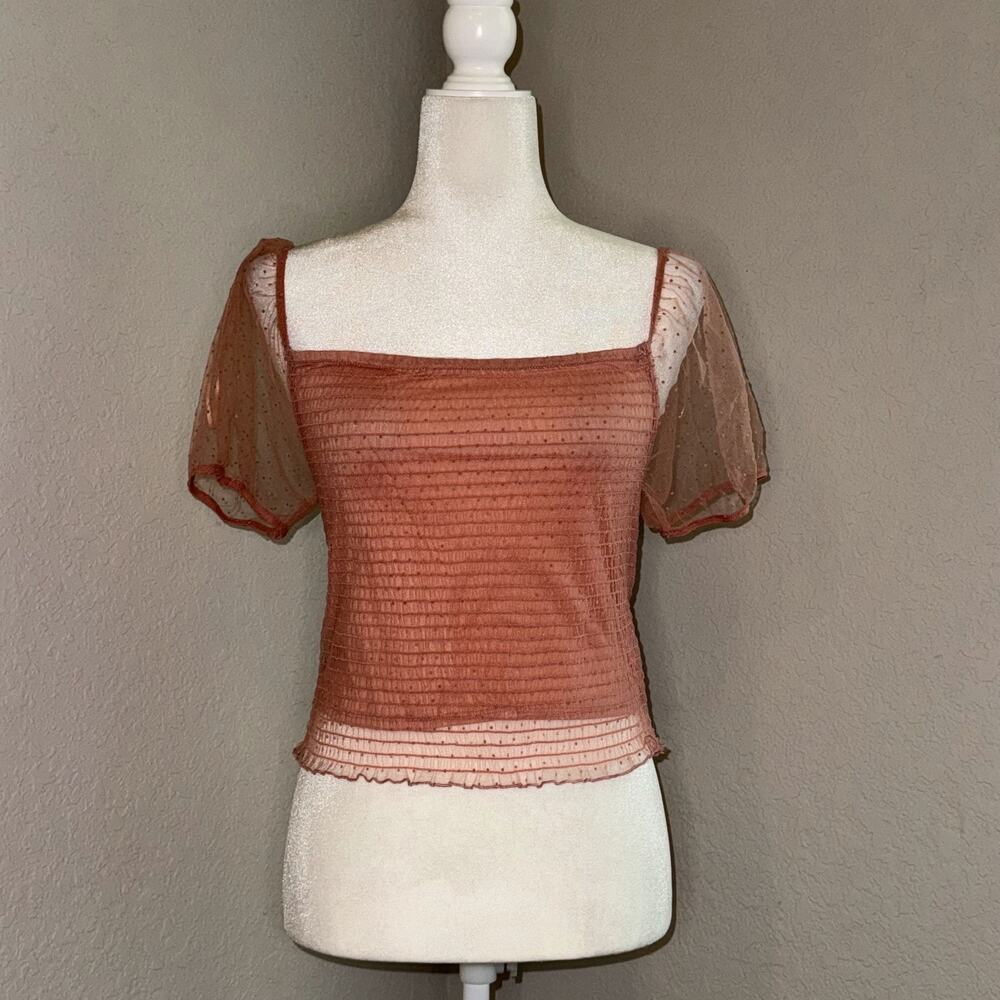 Ambiance‎ Top Women's Large Pink Sheer Dot Puff Sleeve Square Neck Coquette